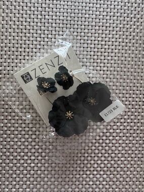 Anthropologie Black Floral Brooch and Stud Earring Set